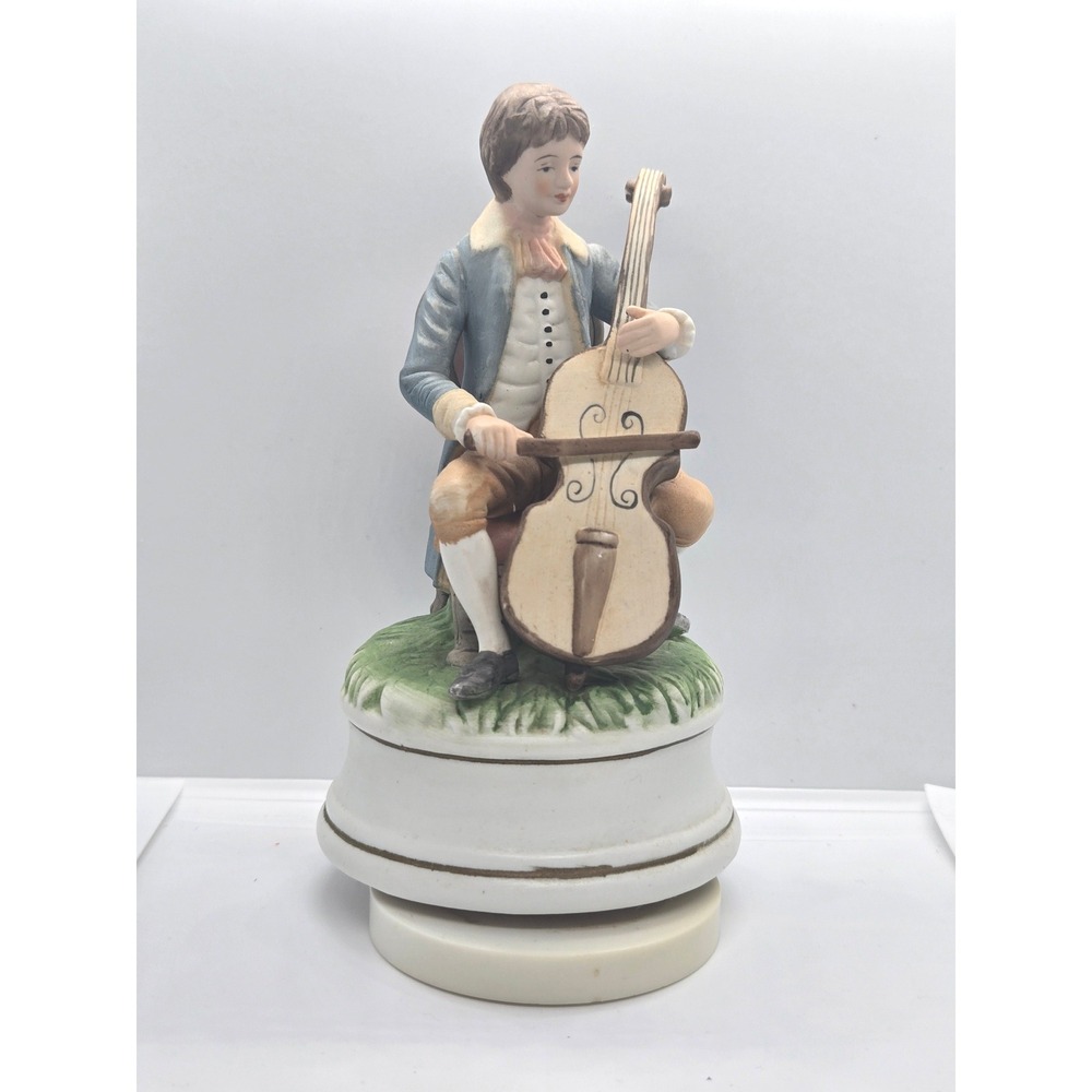 Vintage Goebel Boy Playing Cello Music Box Porcelain Figurine Japan